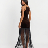 Azuramoda | Sleeveless Fringed Maxi Dress – Elegant Evening Silhouette