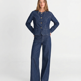 Azuramoda | Elegancki Komplet Damski Marynarka i Spodnie Stylowy Denim