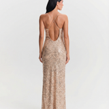 Azuramoda | Sukienka Maxi Cekinowa na Ramiączkach Elegancka Wieczorowa