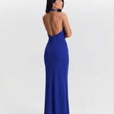 Azuramoda | Elegancka Sukienka Maxi Halter z Guzikami i Dekoltem V