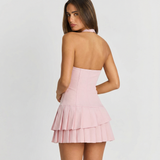Azuramoda | Sukienka Mini Halter z Falbaną Rozkloszowana Elegancka
