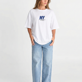 Azuramoda | Luźny T-shirt z Nadrukiem NY i Krótkim Rękawem