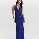 Azuramoda | Elegancka Sukienka Maxi Halter z Guzikami i Dekoltem V