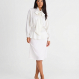 Azuramoda | Long Sleeve Tie Neck Blouse – Elegant Peplum Silhouette