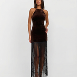 Azuramoda | Sleeveless Fringed Maxi Dress – Elegant Evening Silhouette