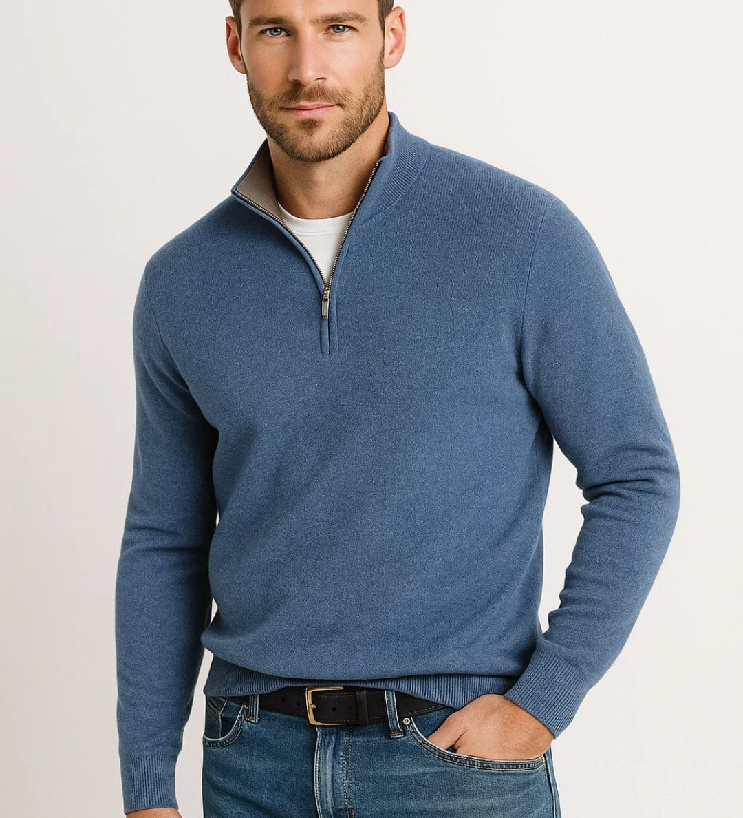 Męski Sweter z Zamkiem przy Kołnierzu Dopasowany Styl Casual