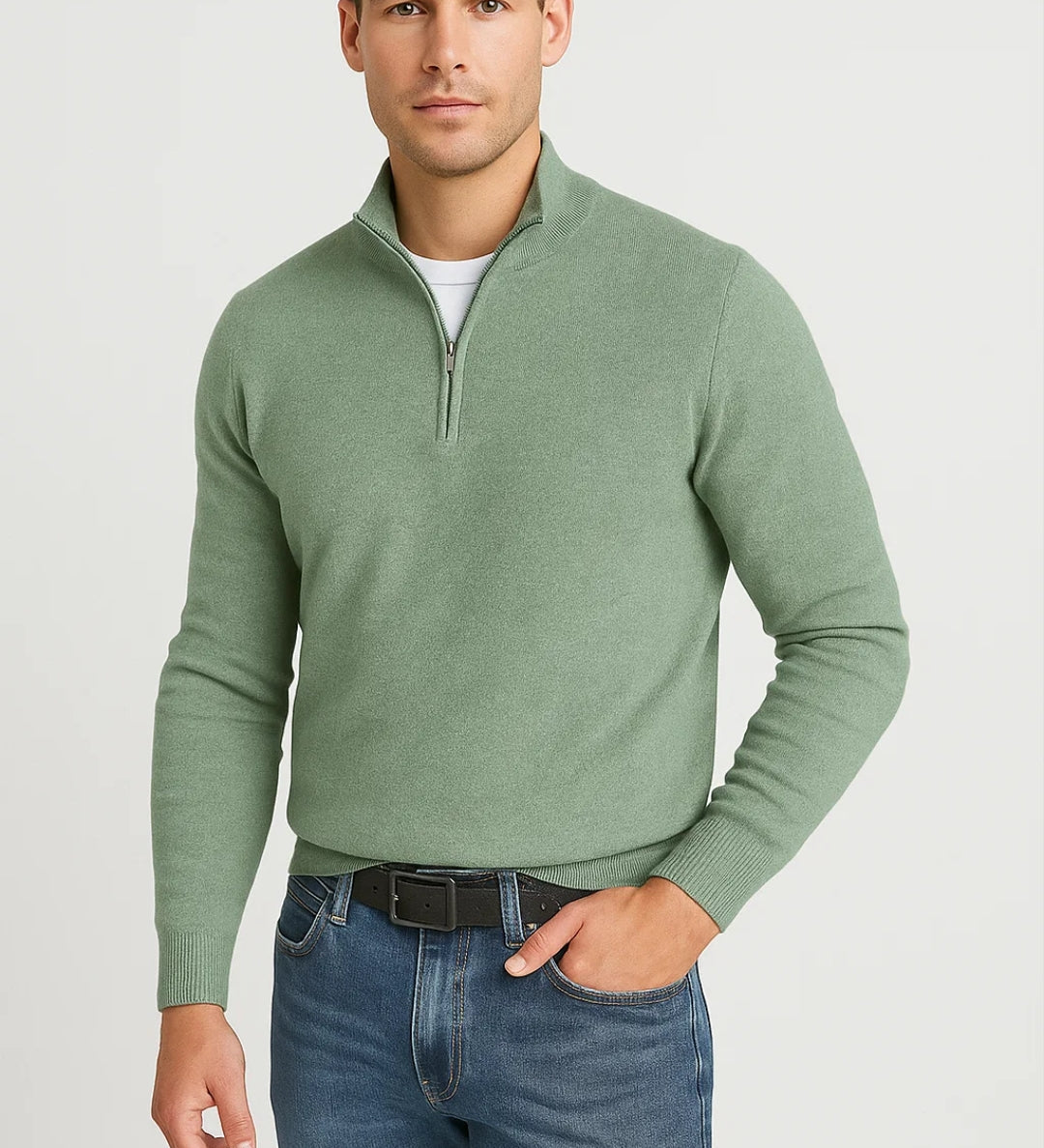 Męski Sweter z Zamkiem przy Kołnierzu Dopasowany Styl Casual