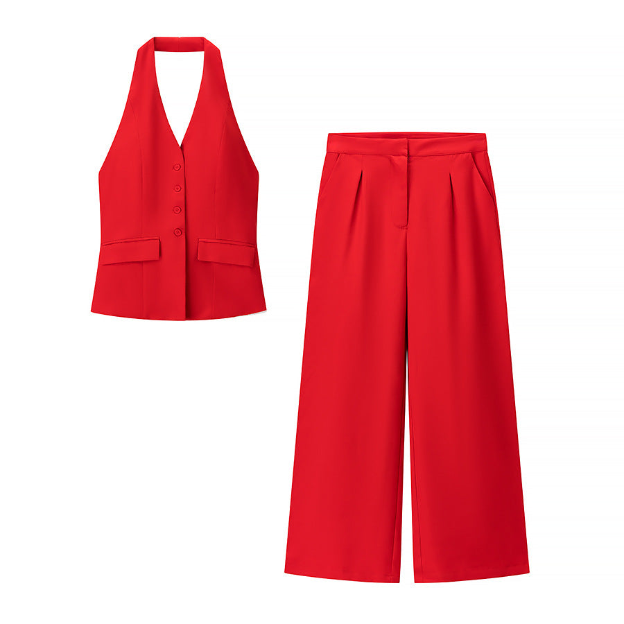 Azuramoda | Elegancki Komplet z Topem Halter i Szerokimi Spodniami