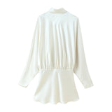 Azuramoda | Long Sleeve Tie Neck Blouse – Elegant Peplum Silhouette