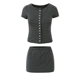 Azuramoda | Stylowy Komplet Damski Bluzka i Spódnica Paski Nowoczesny Look