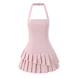 Azuramoda | Sukienka Mini Halter z Falbaną Rozkloszowana Elegancka
