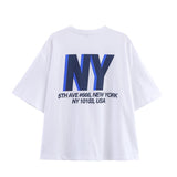 Azuramoda | Luźny T-shirt z Nadrukiem NY i Krótkim Rękawem