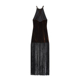 Azuramoda | Sleeveless Fringed Maxi Dress – Elegant Evening Silhouette