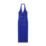 Azuramoda | Elegancka Sukienka Maxi Halter z Guzikami i Dekoltem V
