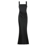 Azuramoda | Sukienka Maxi Satynowa na Ramiączkach Drapowana Elegancka