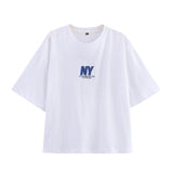 Azuramoda | Luźny T-shirt z Nadrukiem NY i Krótkim Rękawem
