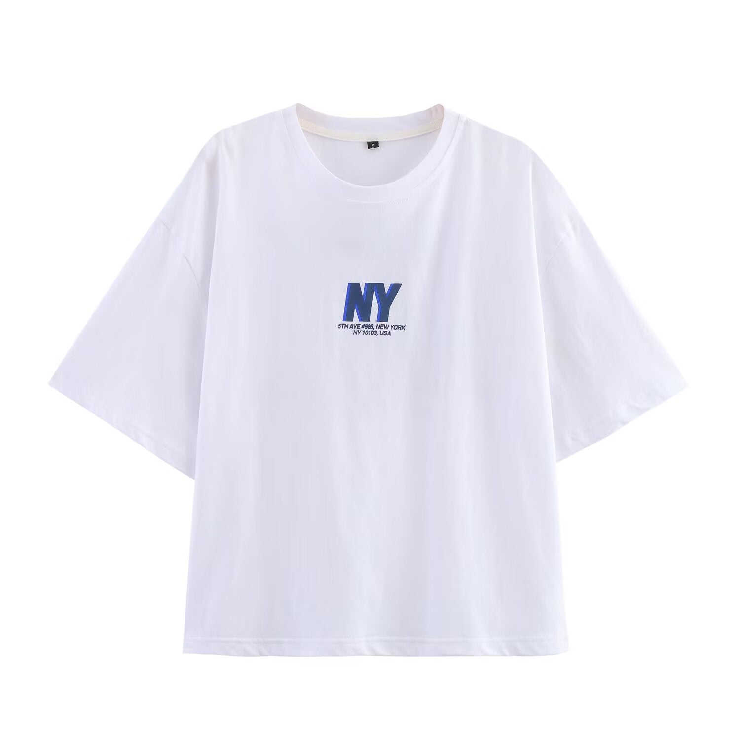 Azuramoda | Luźny T-shirt z Nadrukiem NY i Krótkim Rękawem