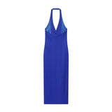 Azuramoda | Elegancka Sukienka Maxi Halter z Guzikami i Dekoltem V
