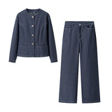 Azuramoda | Elegancki Komplet Damski Marynarka i Spodnie Stylowy Denim