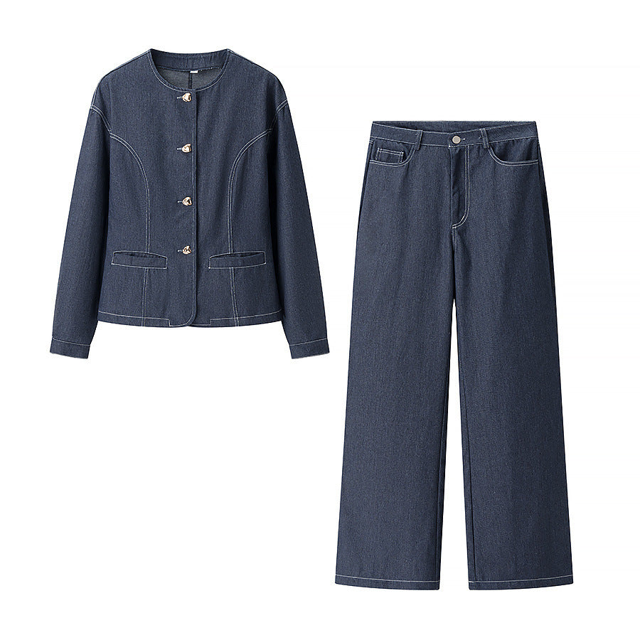 Azuramoda | Elegancki Komplet Damski Marynarka i Spodnie Stylowy Denim