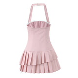 Azuramoda | Sukienka Mini Halter z Falbaną Rozkloszowana Elegancka