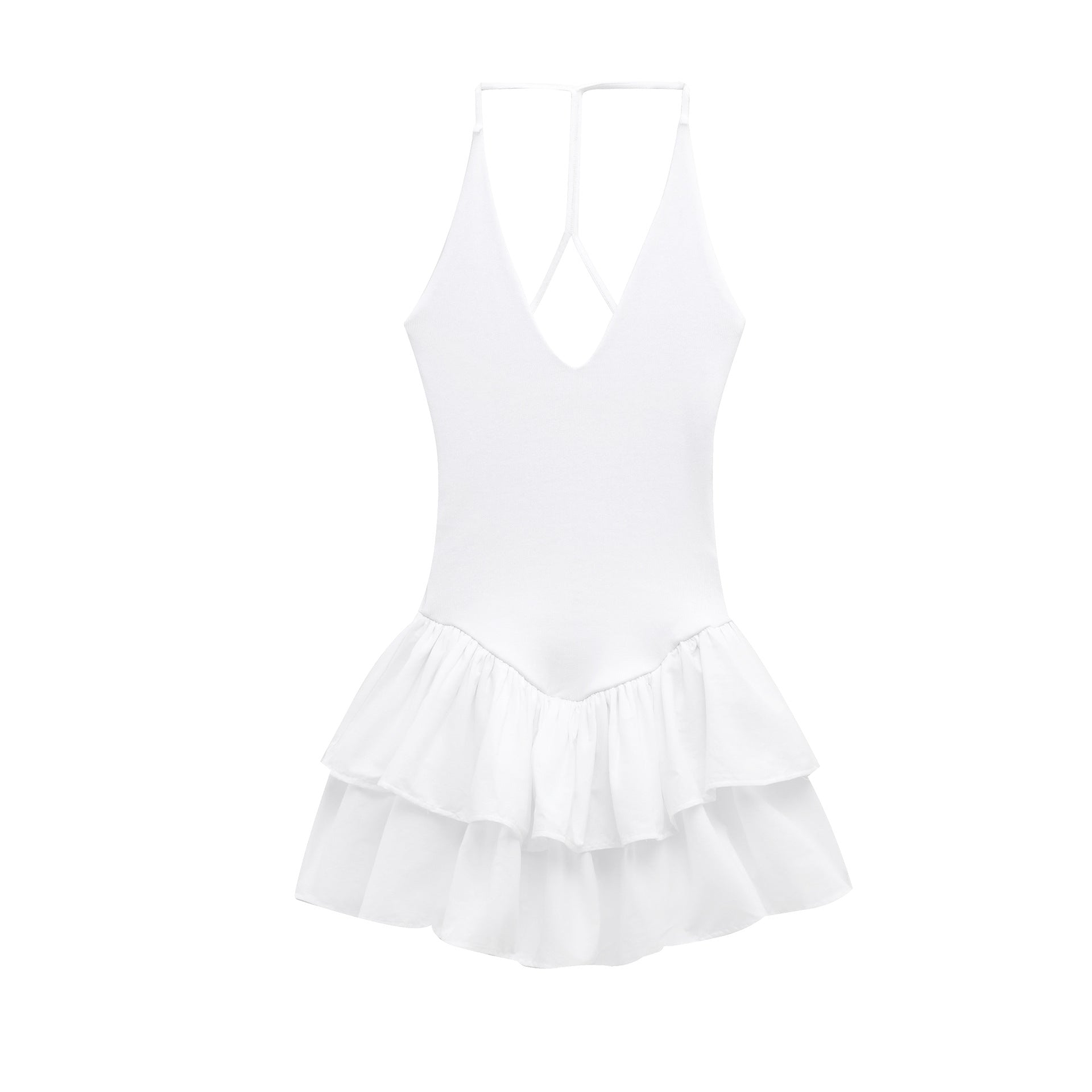 Azuramoda | Sukienka Mini Halter z Falbaną Dopasowana Letnia Kreacja