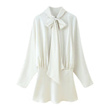 Azuramoda | Long Sleeve Tie Neck Blouse – Elegant Peplum Silhouette