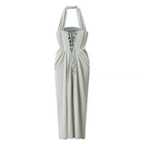 Azuramoda | Sukienka Maxi Drapowana Halter Dopasowana Elegancka