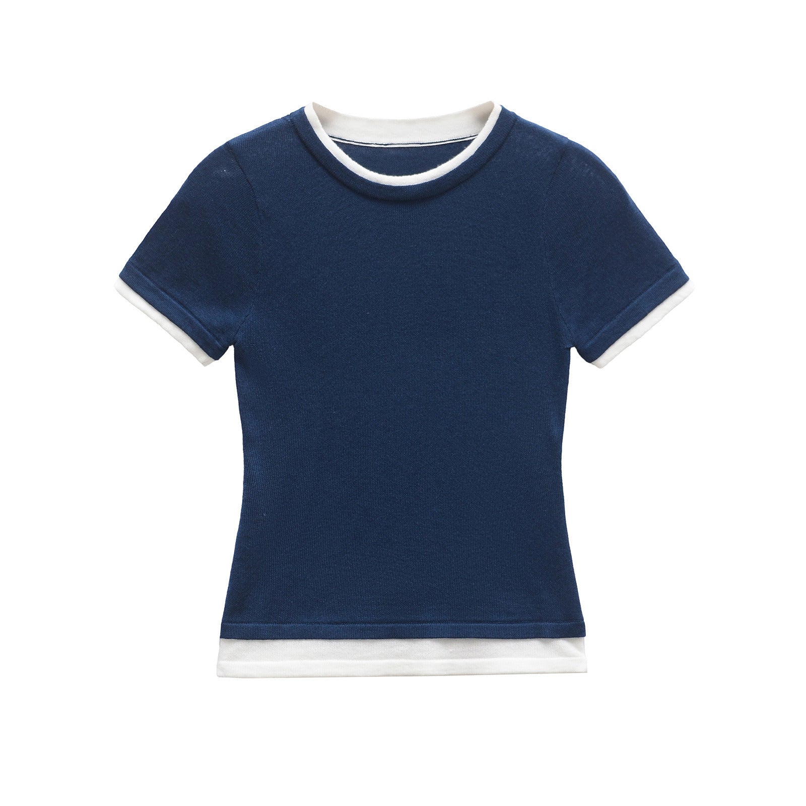 Azuramoda | Dopasowany T-shirt z Kontrastowym Wykończeniem i Krótkim Rękawem