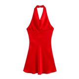 Azuramoda | Sukienka Mini z Dekoltem Halter Elegancka Dopasowana Kreacja