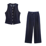 Azuramoda | Stylowy Komplet Damski Kamizelka i Spodnie Denim Nowoczesny Styl
