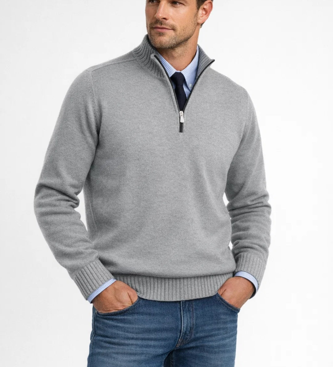 Męski Sweter z Zamkiem przy Kołnierzu Klasyczny Elegancki Styl