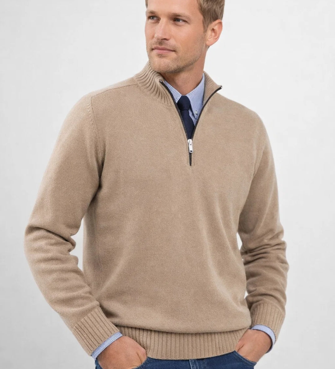 Męski Sweter z Zamkiem przy Kołnierzu Klasyczny Elegancki Styl