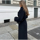 Damski czarny płaszcz długi elegancki klasyczny styl