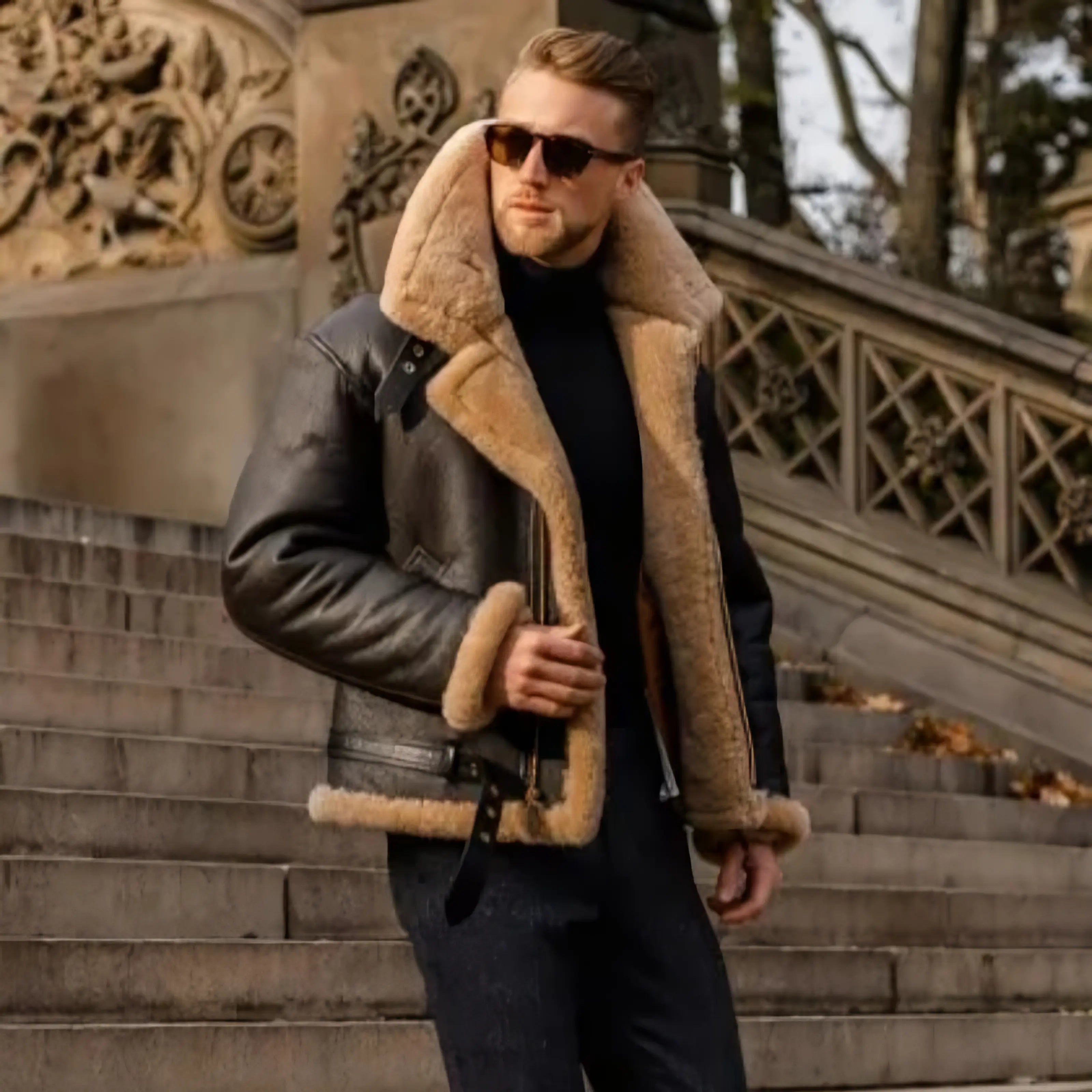 Męska Kurtka Skórzana Ocieplana z Kożuchem Styl Vintage i Ciepło