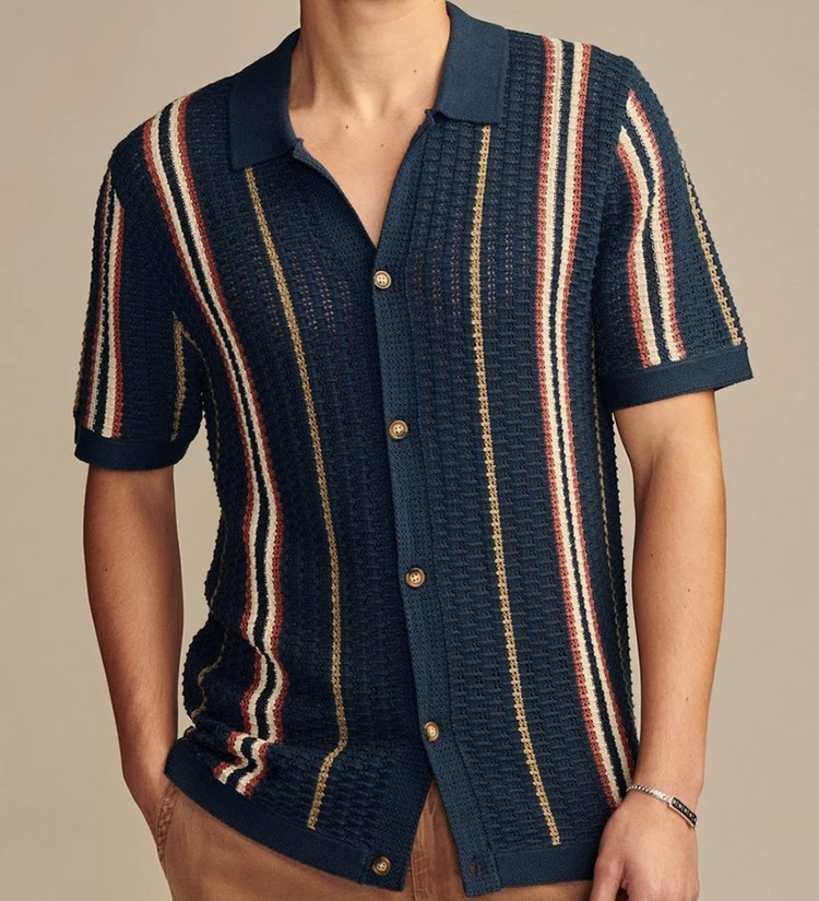 Męska Koszula Letnia w Paski Lekka Styl Retro Casual